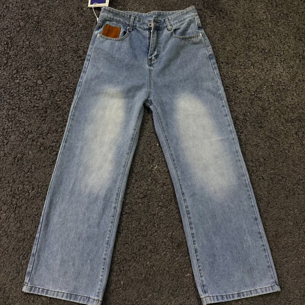 Denim Pants Men's Suede Patchwork Design Loose Straight Leg Casual Trousers