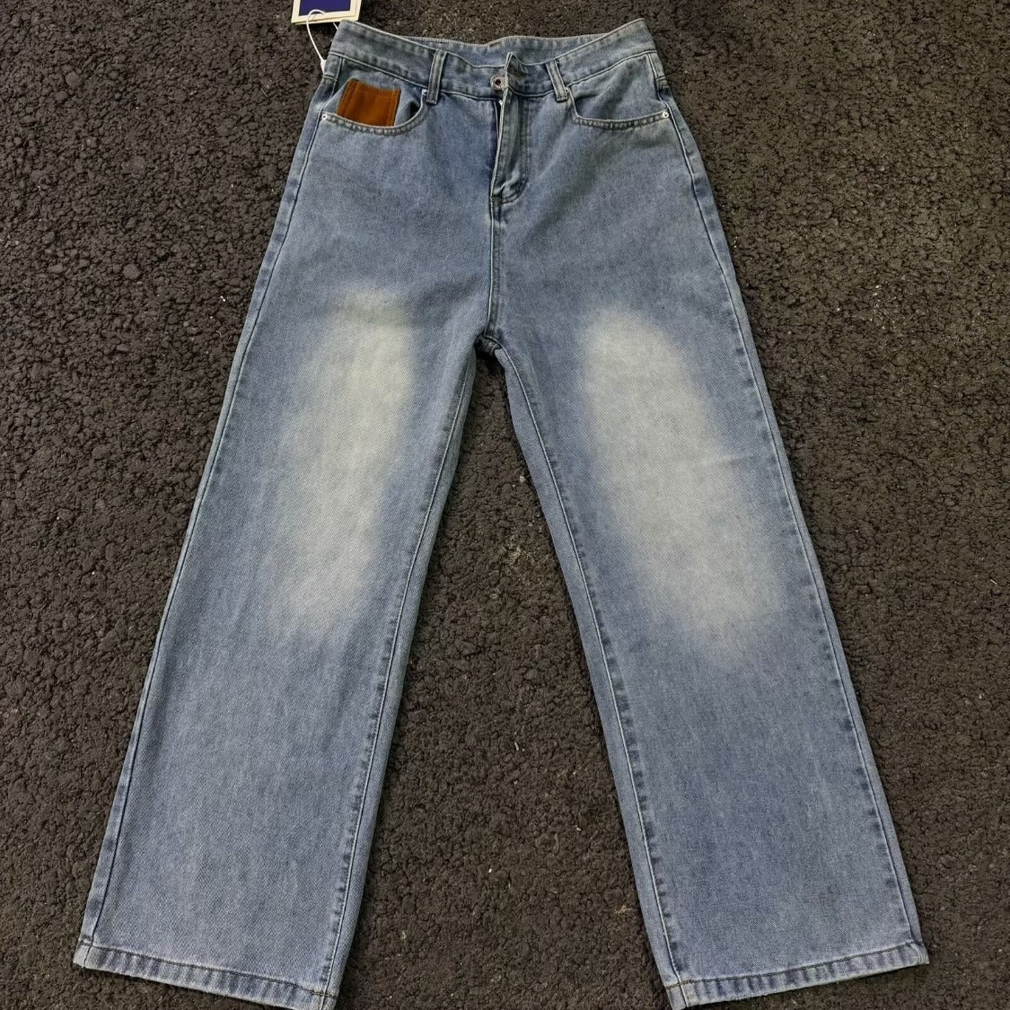 Denim Pants Men's Suede Patchwork Design Loose Straight Leg Casual Trousers