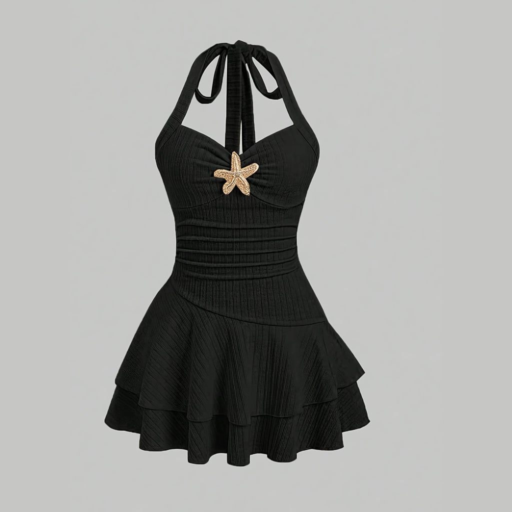 Halter neck slip dress with starfish decoration, pleated, waist-cinching short skirt