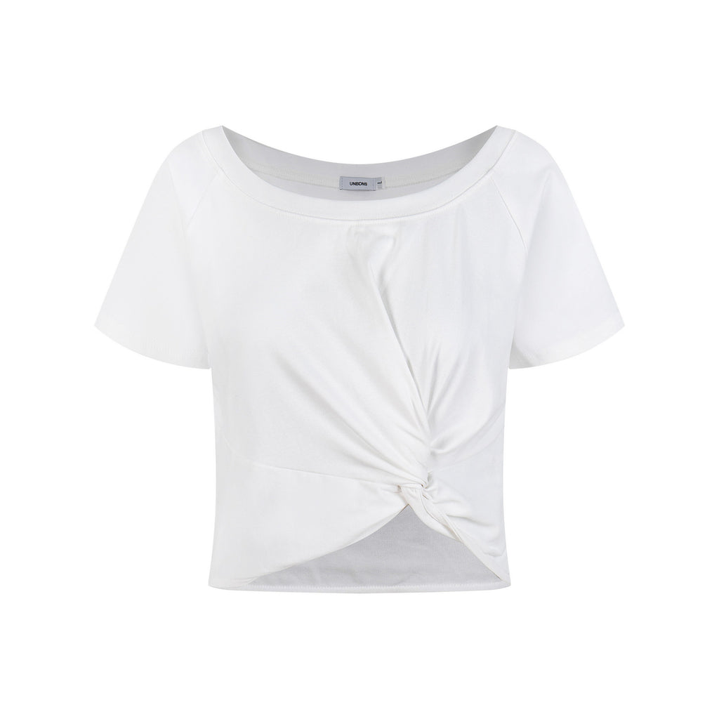 Women's Knitted Ribbed Fitted Wide Neck T-Shirt Short Crop Casual Short Sleeve