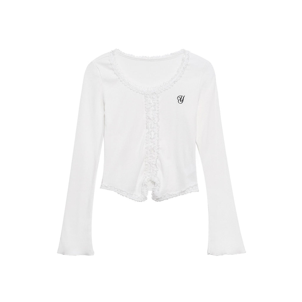 Long Sleeve T-Shirt for Women, Embroidered Letter Fitted Slim Fit Flared Sleeve Crop Top