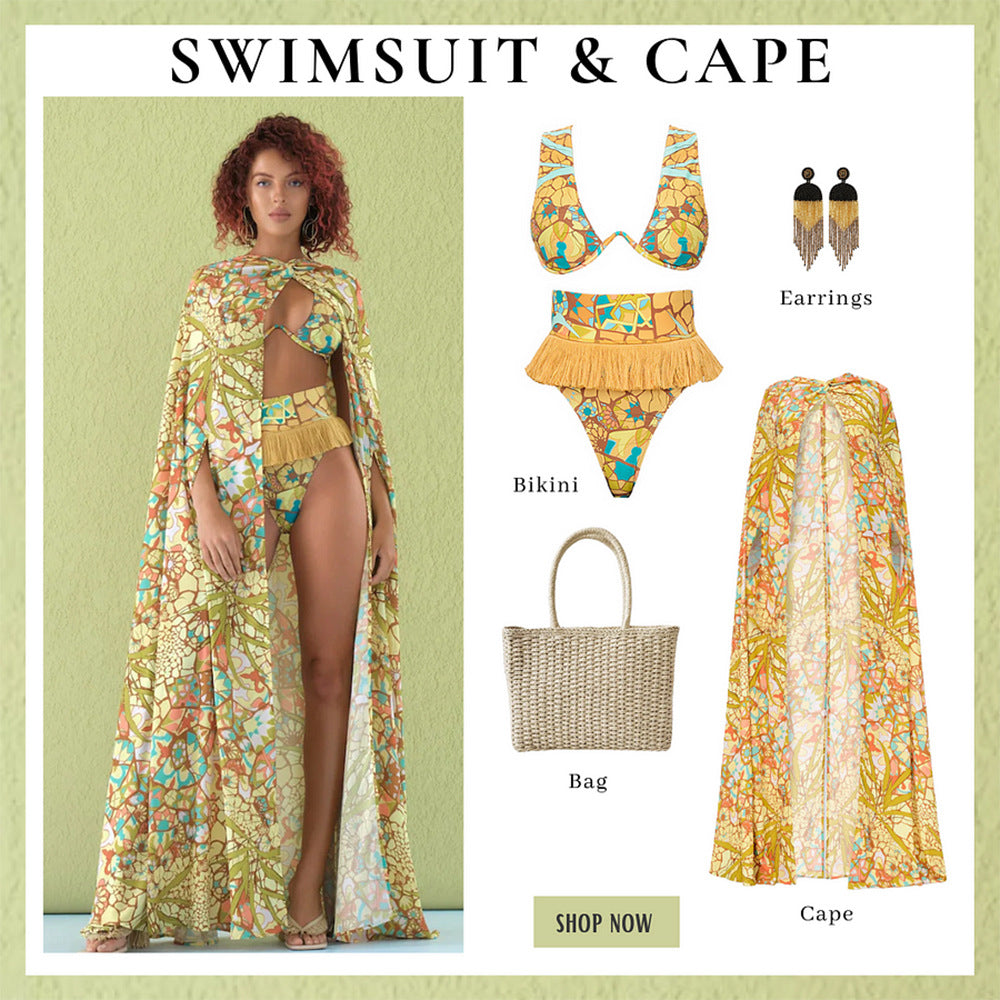Bikini Swimwear for Women, Beach Cover-Up Cape, Vacation Swim Suit