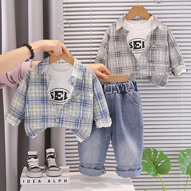 Checkered shirt long sleeved three piece set