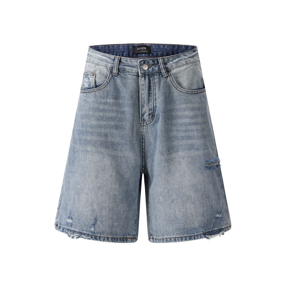 Distressed denim shorts