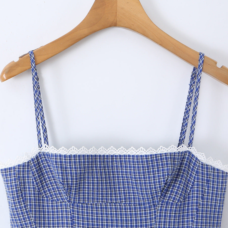 Plaid lace patchwork hem camisole dress