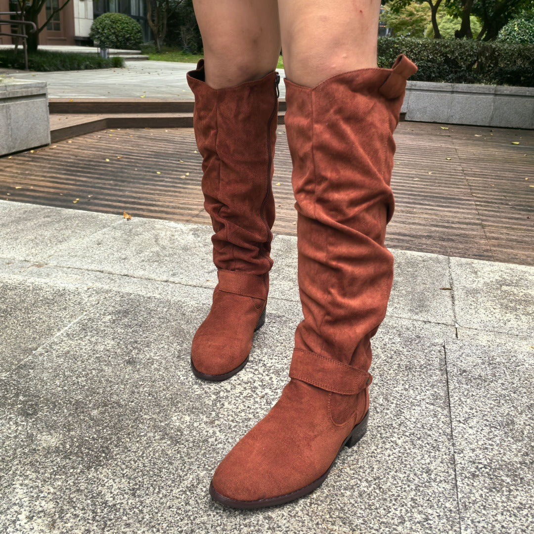 Low heeled side zipper oversized suede high top women's boots