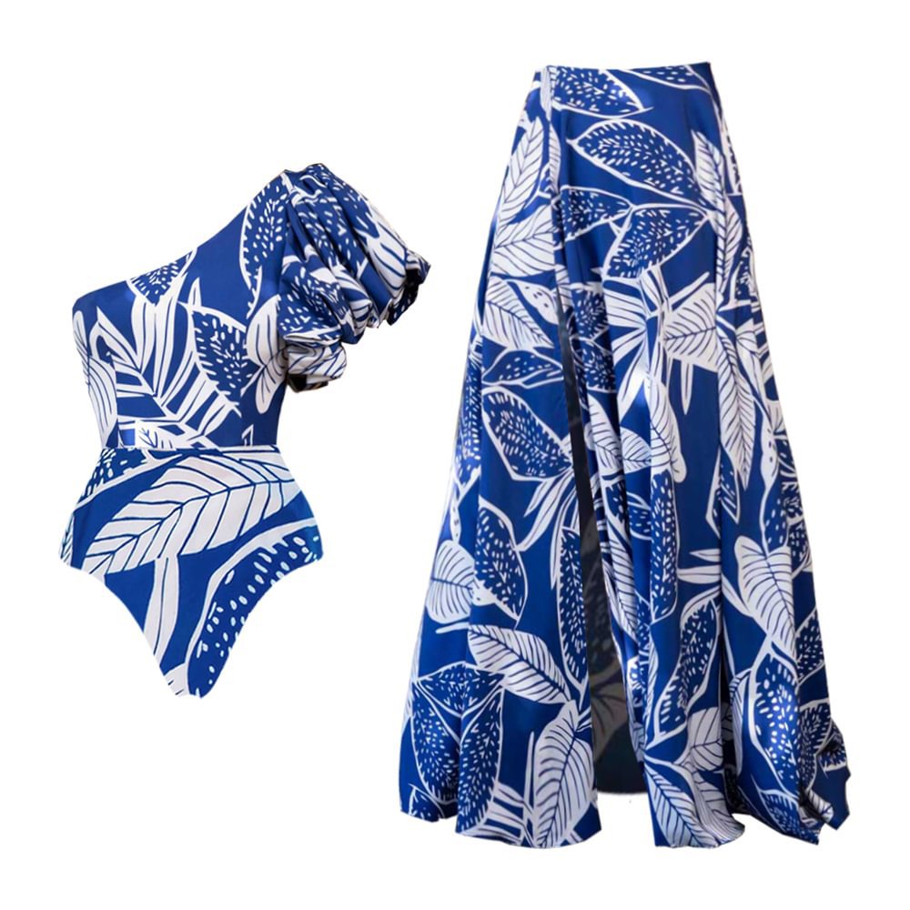 One-Shoulder Puff Sleeve Printed One-Piece Swimsuit for Women