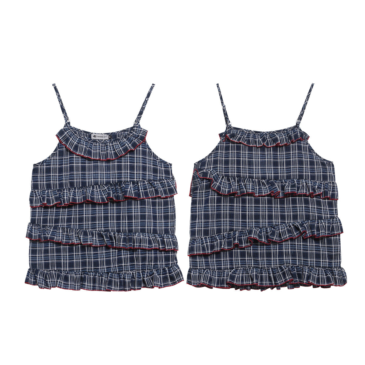 Youthful Navy Plaid Strapless Top with Multi-layer Ruffle Cake Layer, Loose Slimming Sweet Girl Vest
