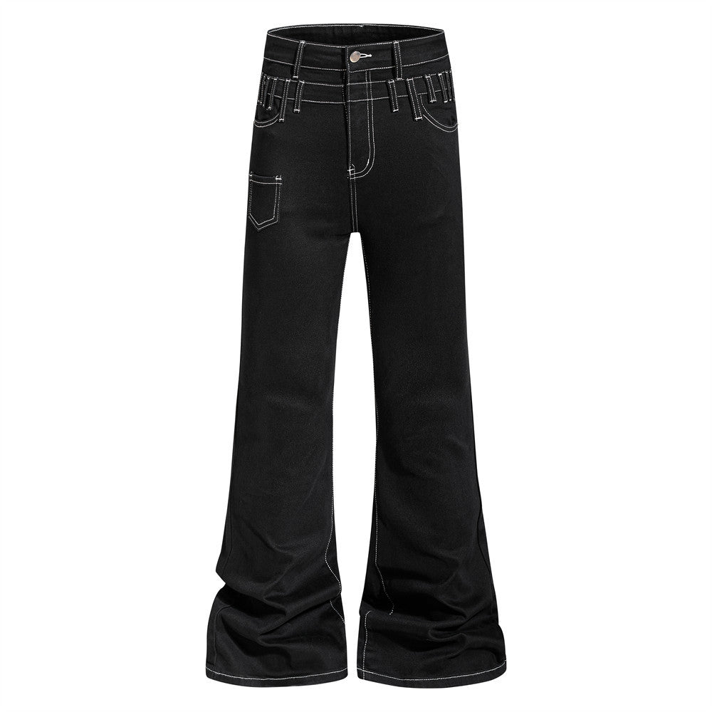 Double waisted denim flared pants with visible lines