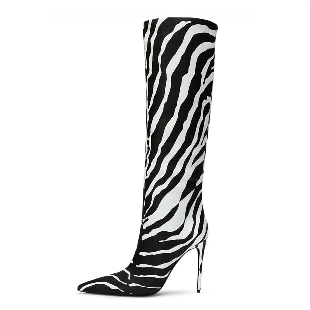 Pointed thin heel leopard print long boots for women's fashionable and sexy high boots for women's shoes