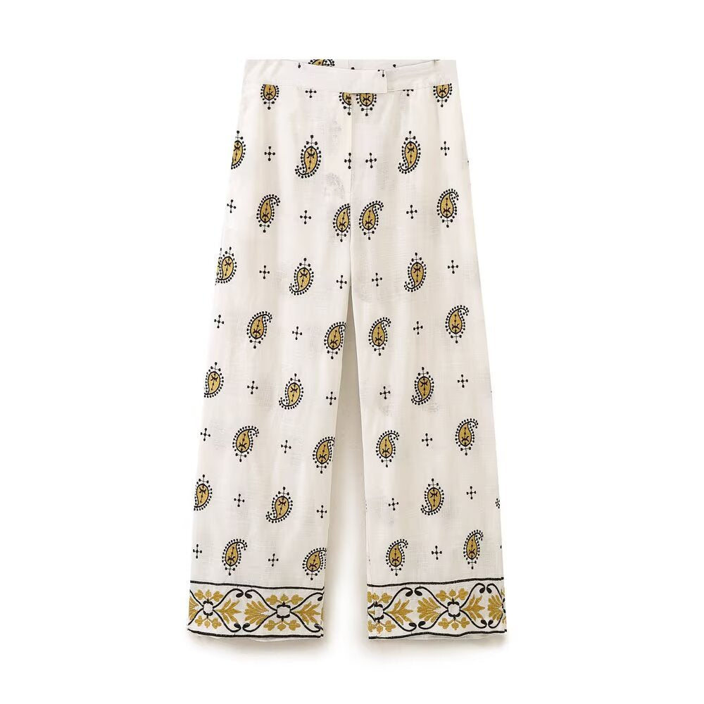 Embroidered cardigan jacket+wide leg pants set
