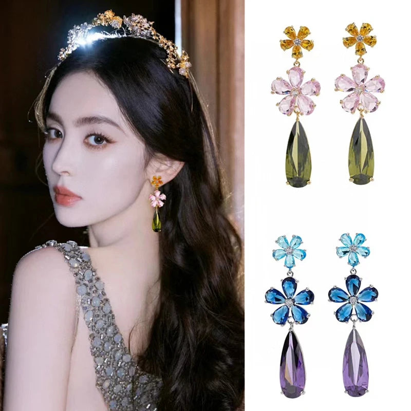 Fashion Color Cubic Zirconia Flower Long Earring for Wedding Pave Color Cubic Zirconia Party Jewelry Gift Long Water Drop