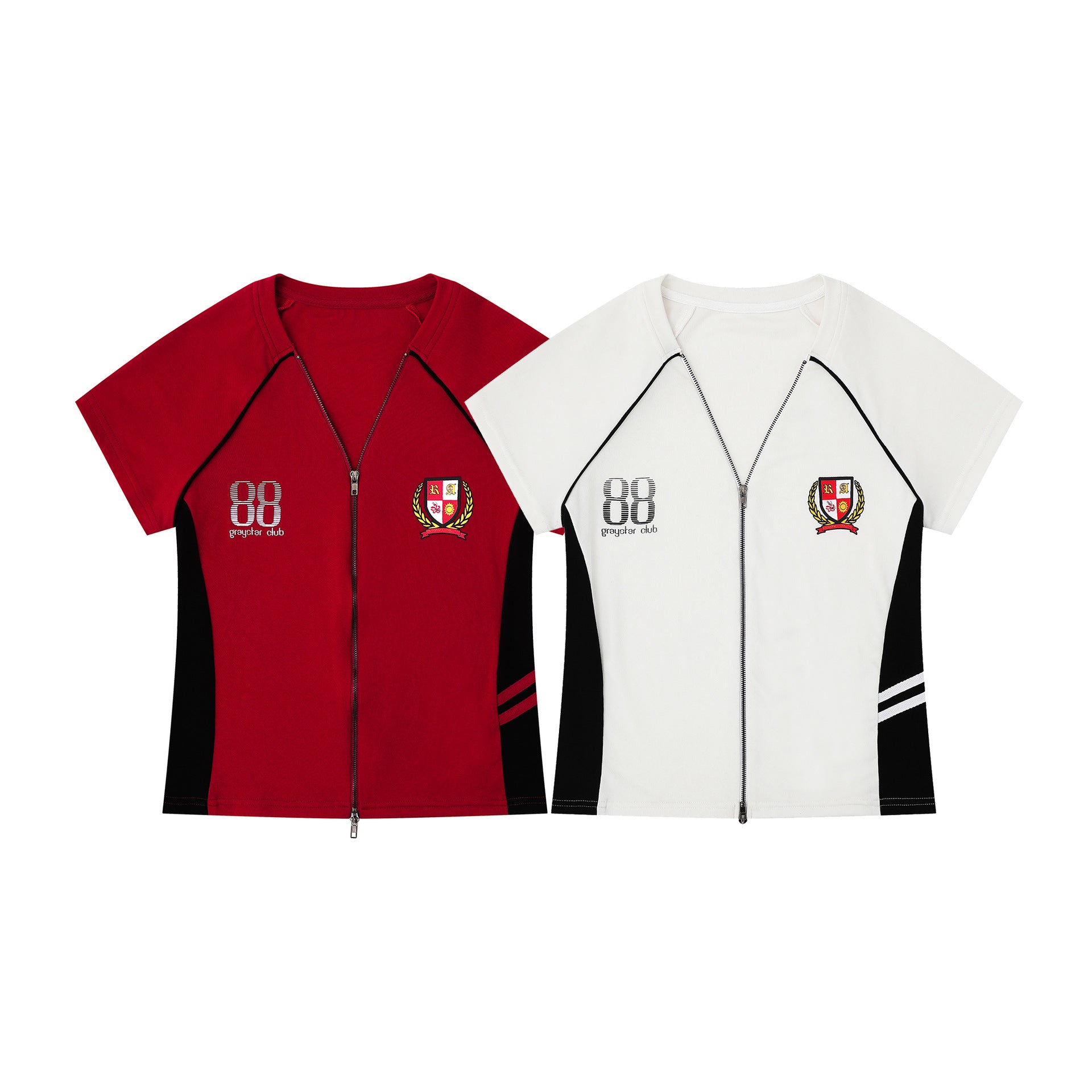 Badge Zipper T-Shirt for Women, Color-Blocking Wide Sleeve Fitted Slim Fit Top