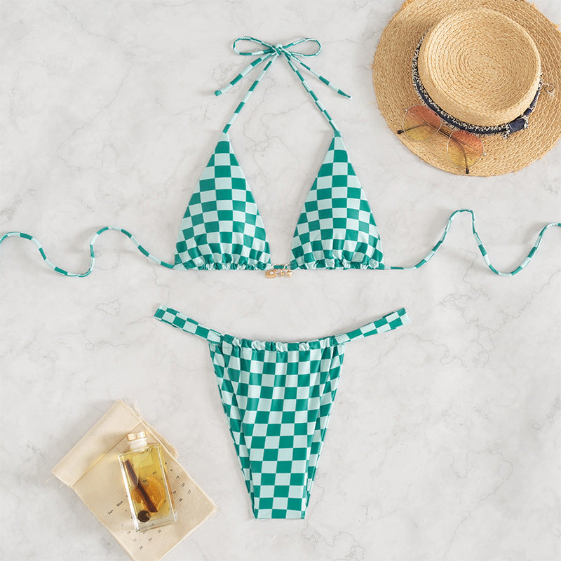 Checkered Neck Hanging Bikini