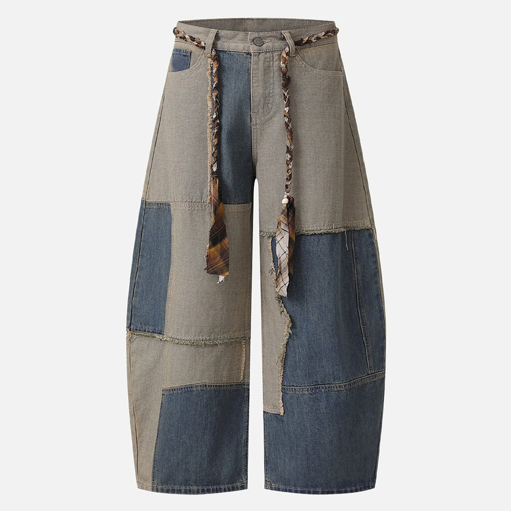 Two-tone Patchwork lash Hem Raw Edge Jeans with Belt