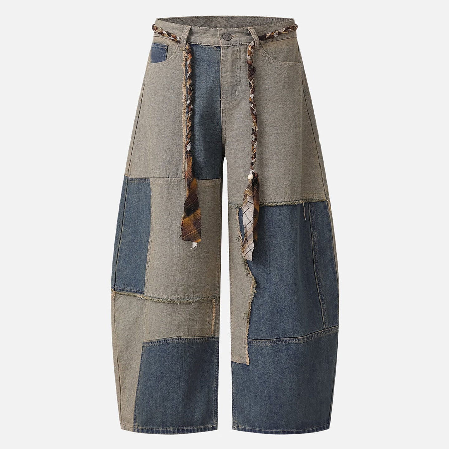 Two-tone Patchwork lash Hem Raw Edge Jeans with Belt