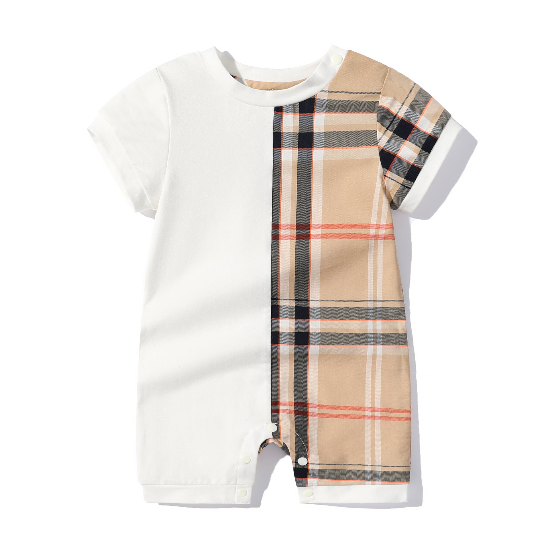 Checkered round neck short sleeved baby jumpsuit