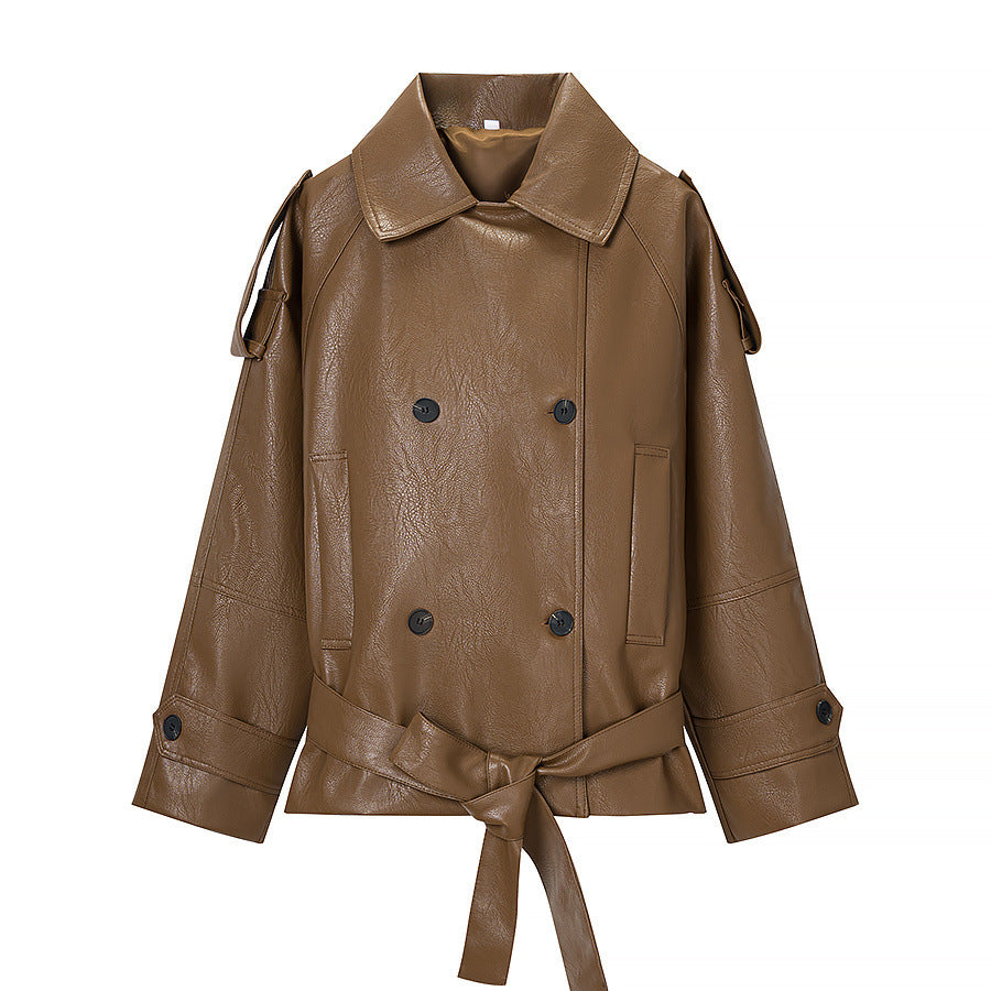 Versatile lace up waistband PU leather workwear jacket