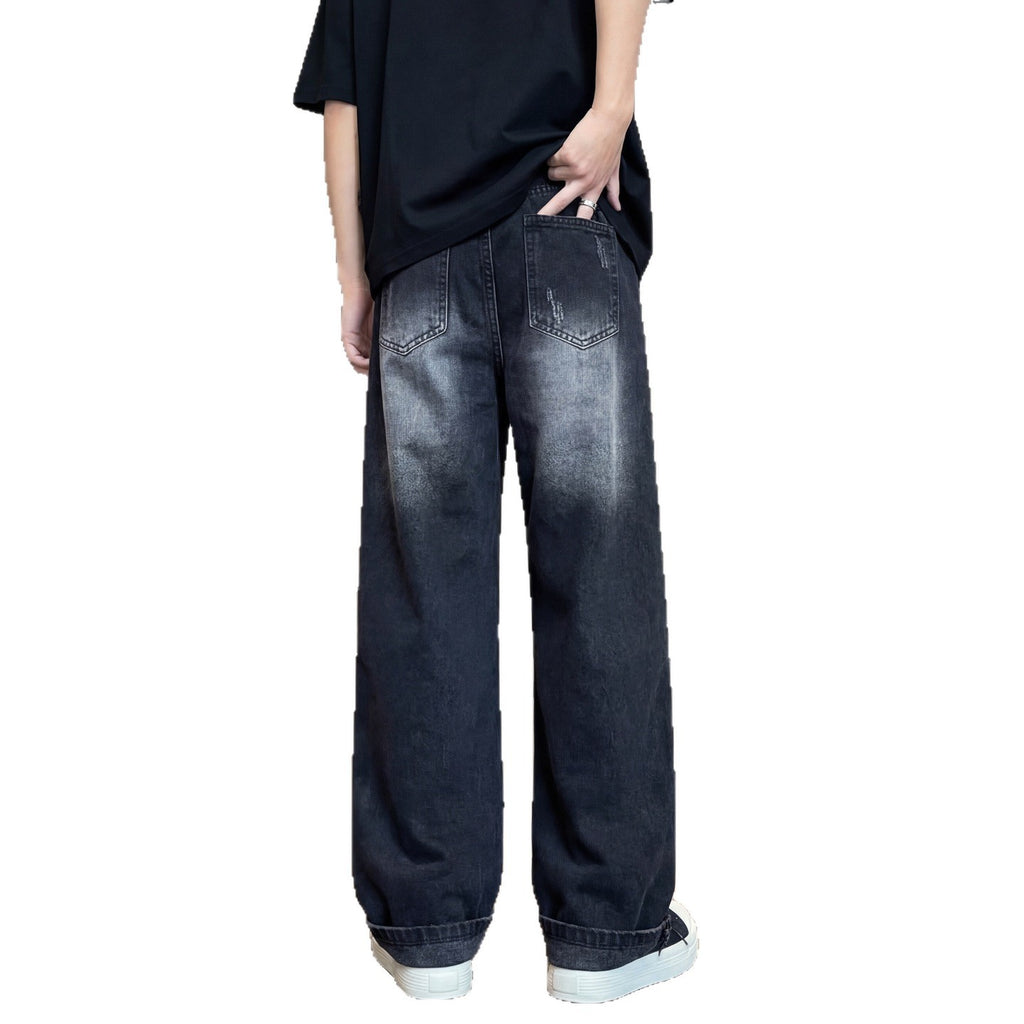 Ripped Denim Pants Men Washed Design Clean Fit Straight Leg Wide Leg Long Pants