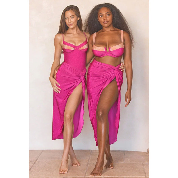 Color-blocked glittery Sleeveless  One-piece  Bikini-style  Swimwear Set