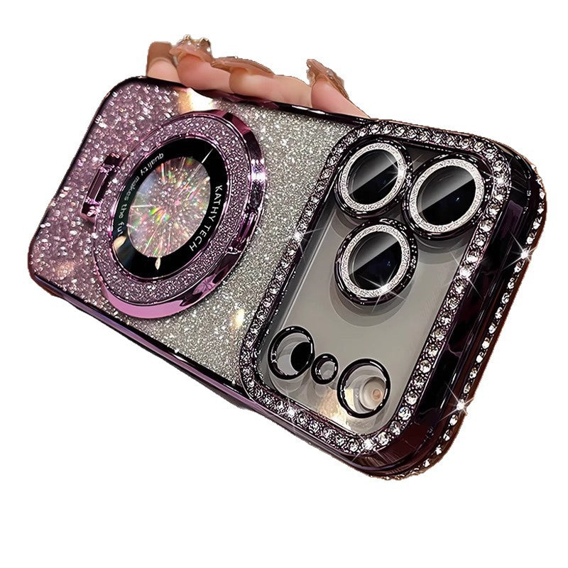 Crystal Glitter Magnetic Mount Bracket for iPhone 17 Pro Max Phone Case with Lens Film, Anti-drop Protection for Apple iPhone 16, 15