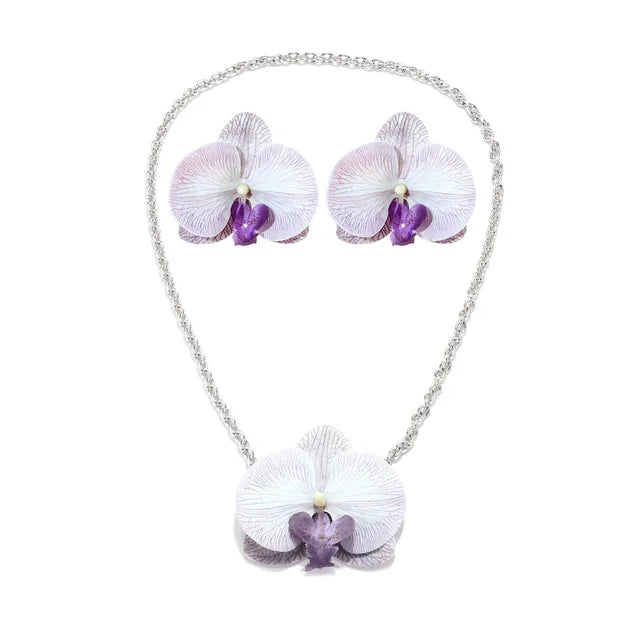 Simulation Phalaenopsis Flower Pendant Necklace Earring Set for Women Elegant Floral Rural Petal Chains Necklaces Accessory