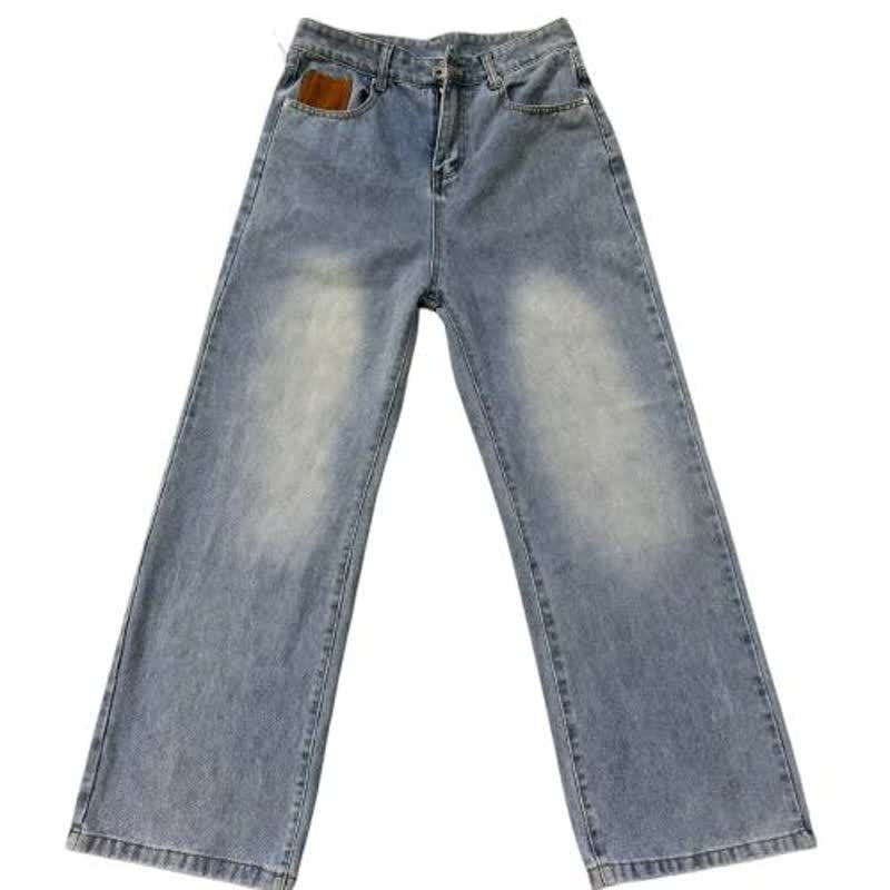 Denim Pants Men's Suede Patchwork Design Loose Straight Leg Casual Trousers