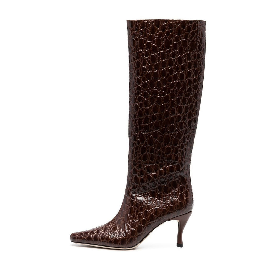pop design autumn winter motorcycle boots shoes women print leather knee high boots sexy high heels platform riding boots woman
