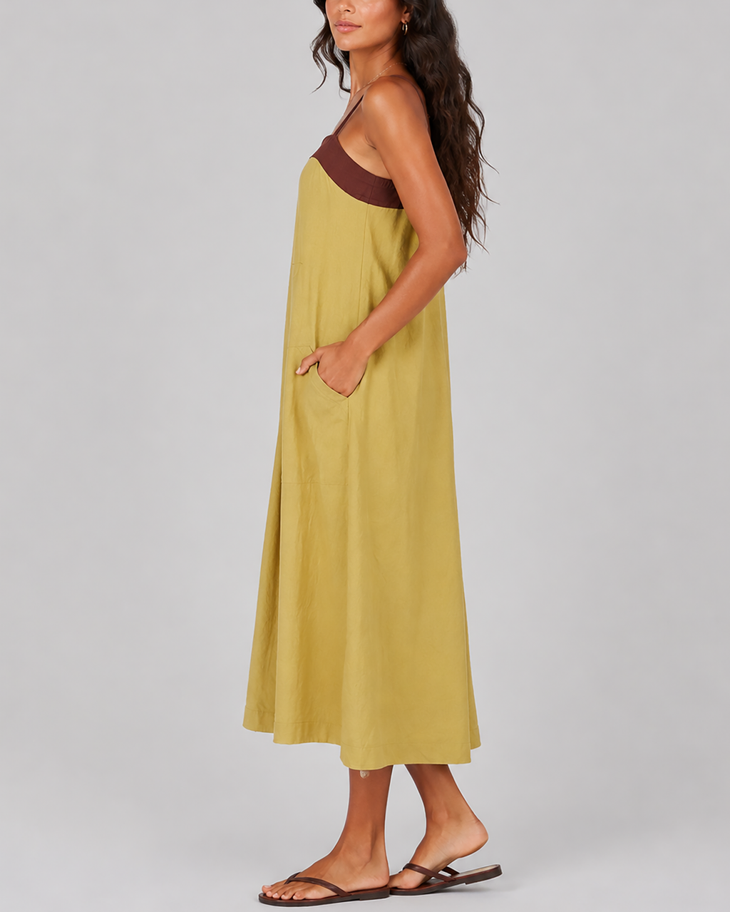 Women's fashion color-blocked loose large pocket spaghetti strap maxi dress