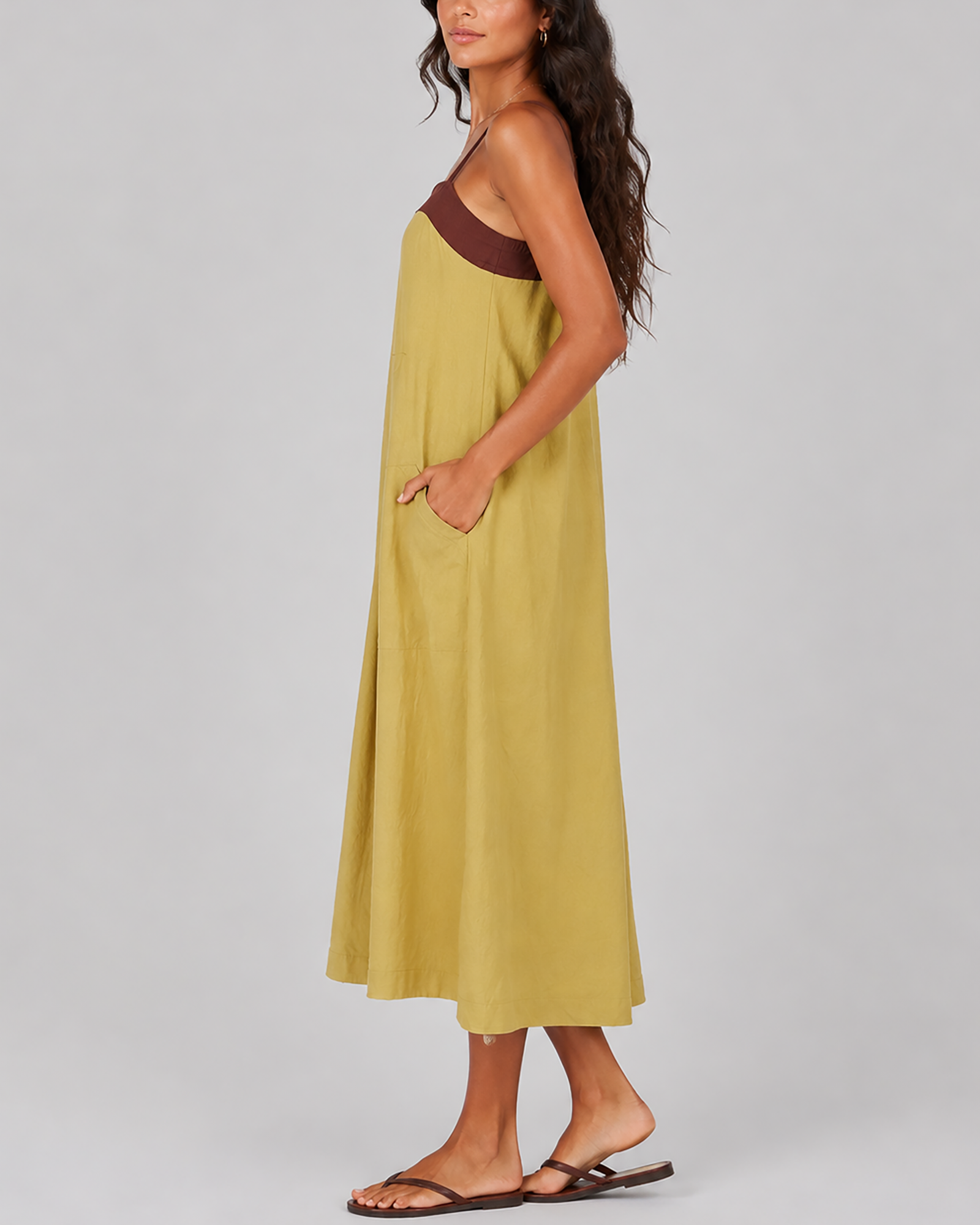 Women's fashion color-blocked loose large pocket spaghetti strap maxi dress