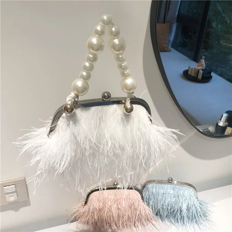Feather Handbag Women Evening Crossbody Bag Pearl Chain Snake Chain Shoulder Bag Luxury Women Bags Design Party