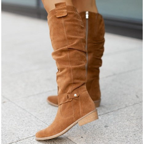 Low heeled side zipper oversized suede high top women's boots
