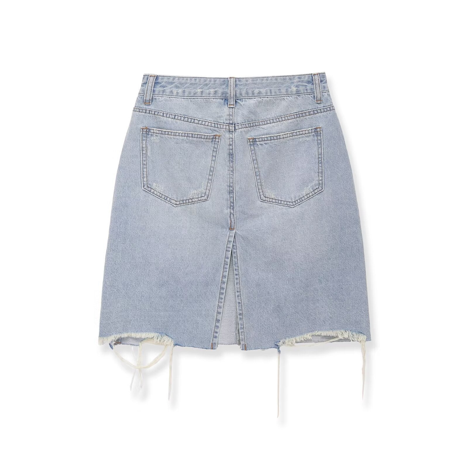Mid waist perforated casual denim skirt
