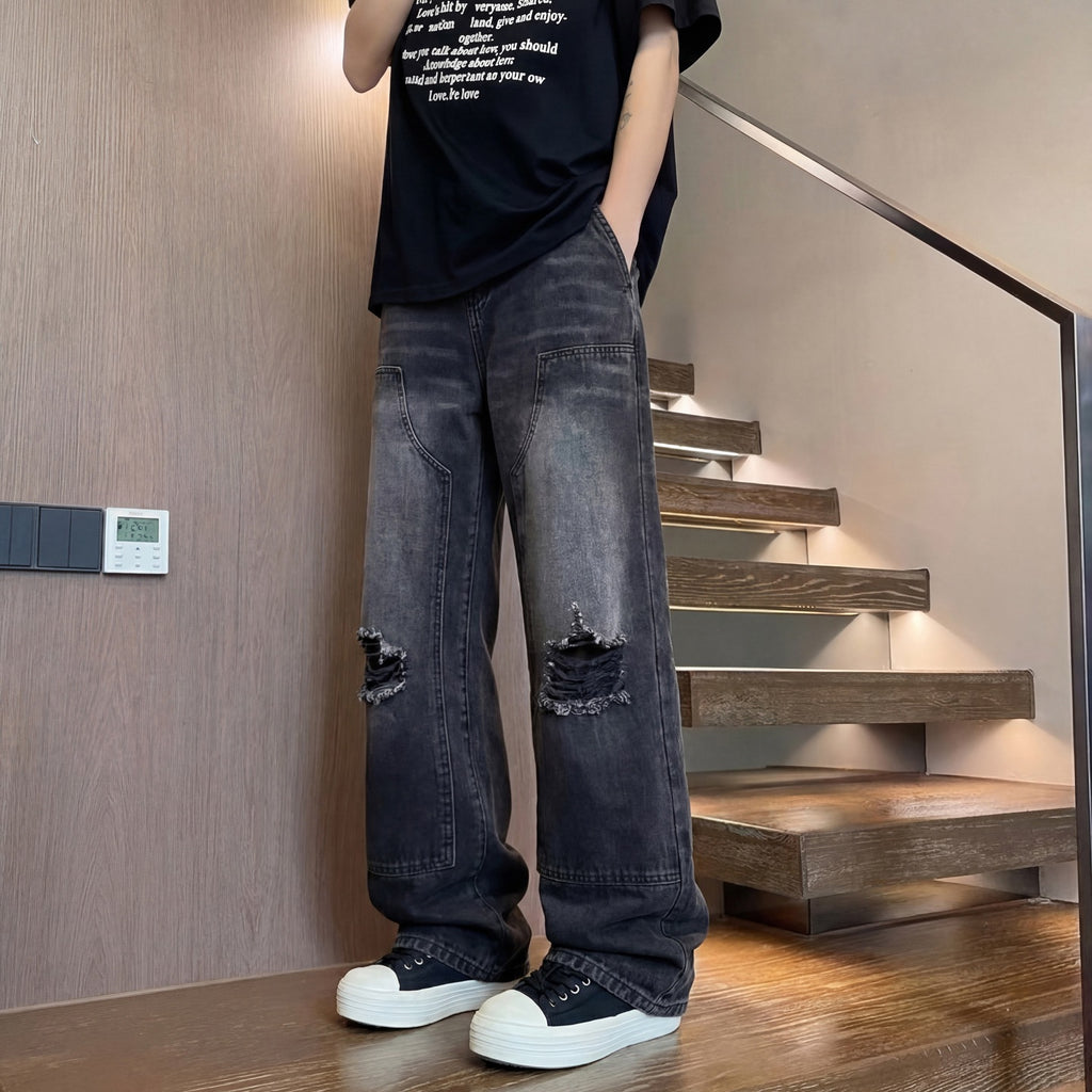 Ripped Denim Pants Men Washed Design Clean Fit Straight Leg Wide Leg Long Pants