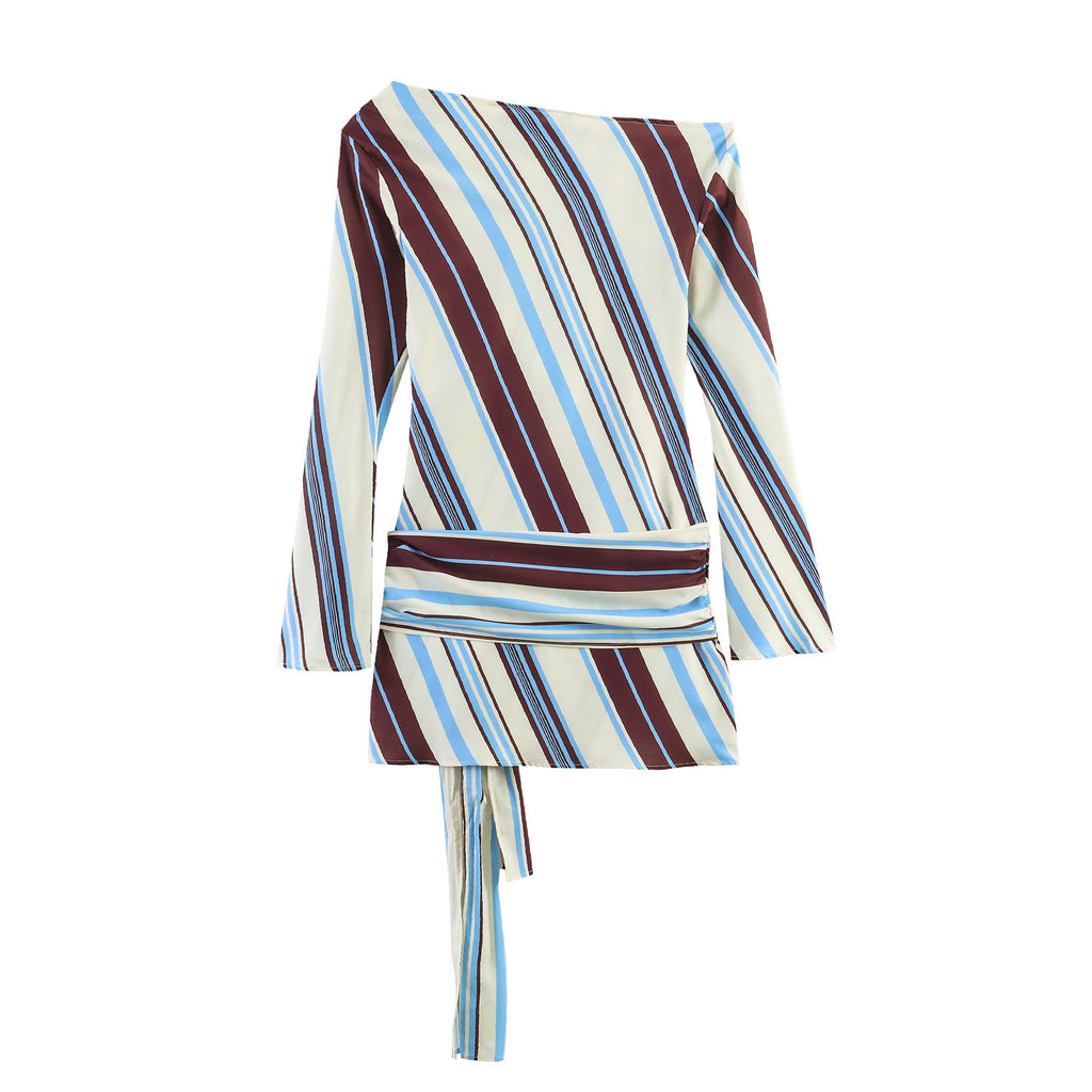 Spicy girl diagonal collar belt striped printed long sleeved dress