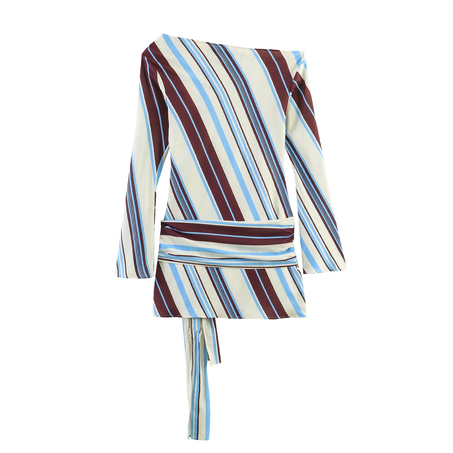 Spicy girl diagonal collar belt striped printed long sleeved dress