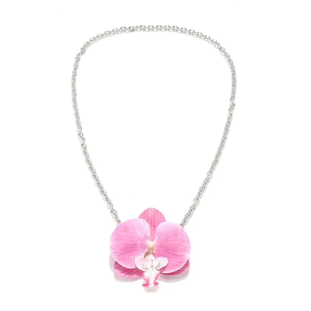 Simulation Phalaenopsis Flower Pendant Necklace Earring Set for Women Elegant Floral Rural Petal Chains Necklaces Accessory