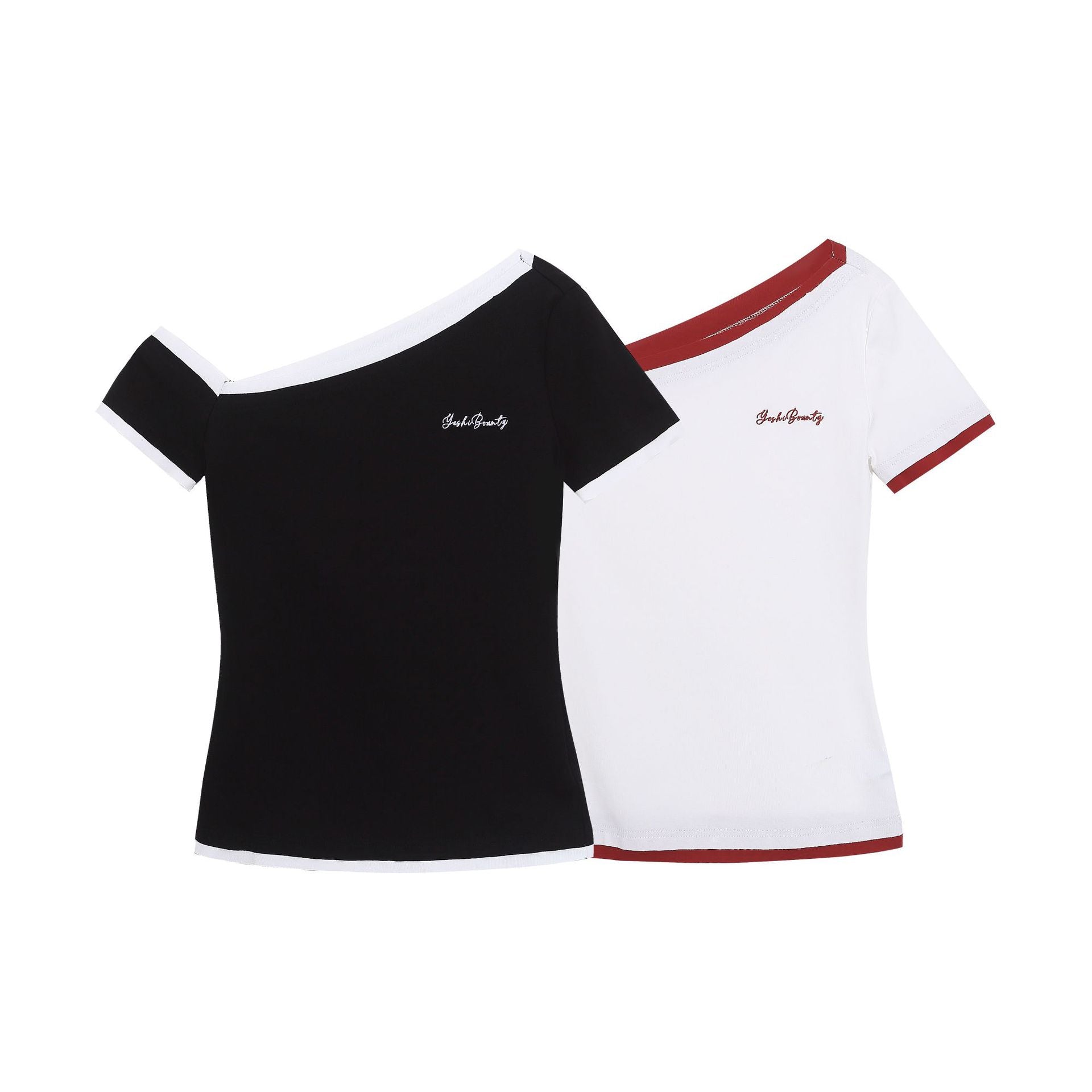 One-Shoulder Color-Block Short Sleeve Top, Faux Two-Piece Slim Fit Revealing Shoulder T-Shirt