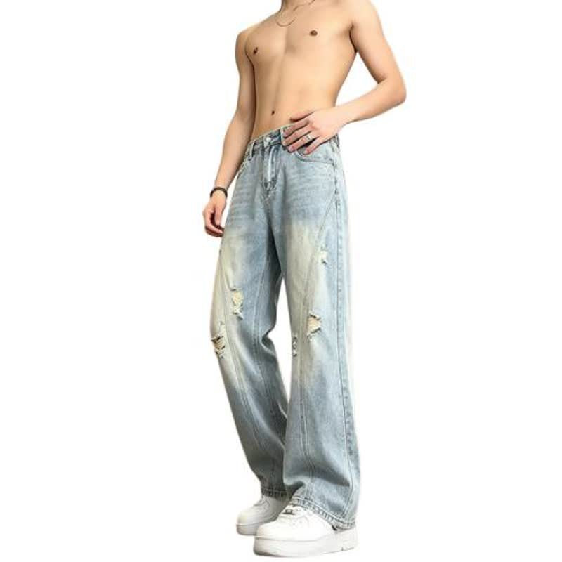 Ripped Denim Pants Men Vibe Straight Leg Slight Flare Pants