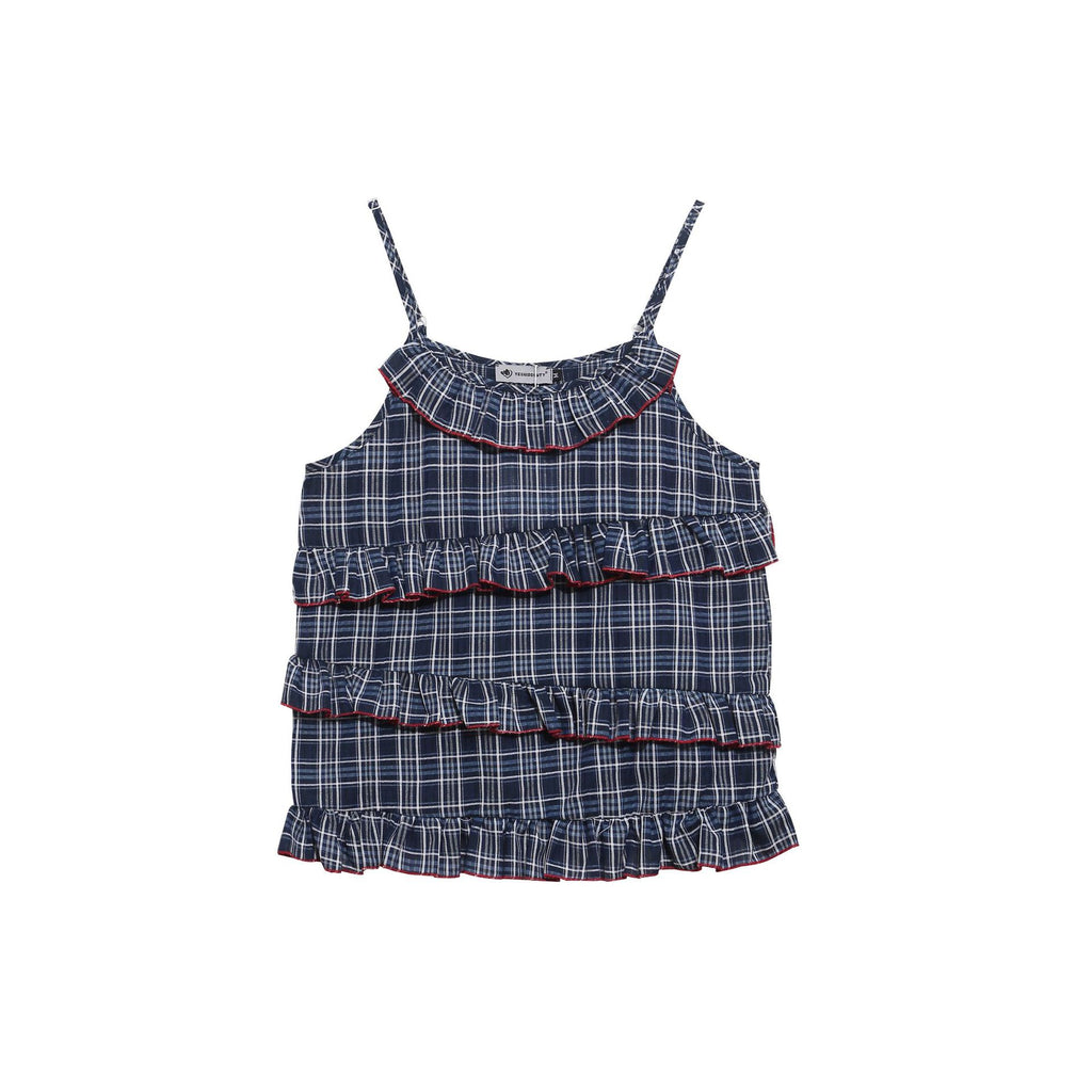Youthful Navy Plaid Strapless Top with Multi-layer Ruffle Cake Layer, Loose Slimming Sweet Girl Vest