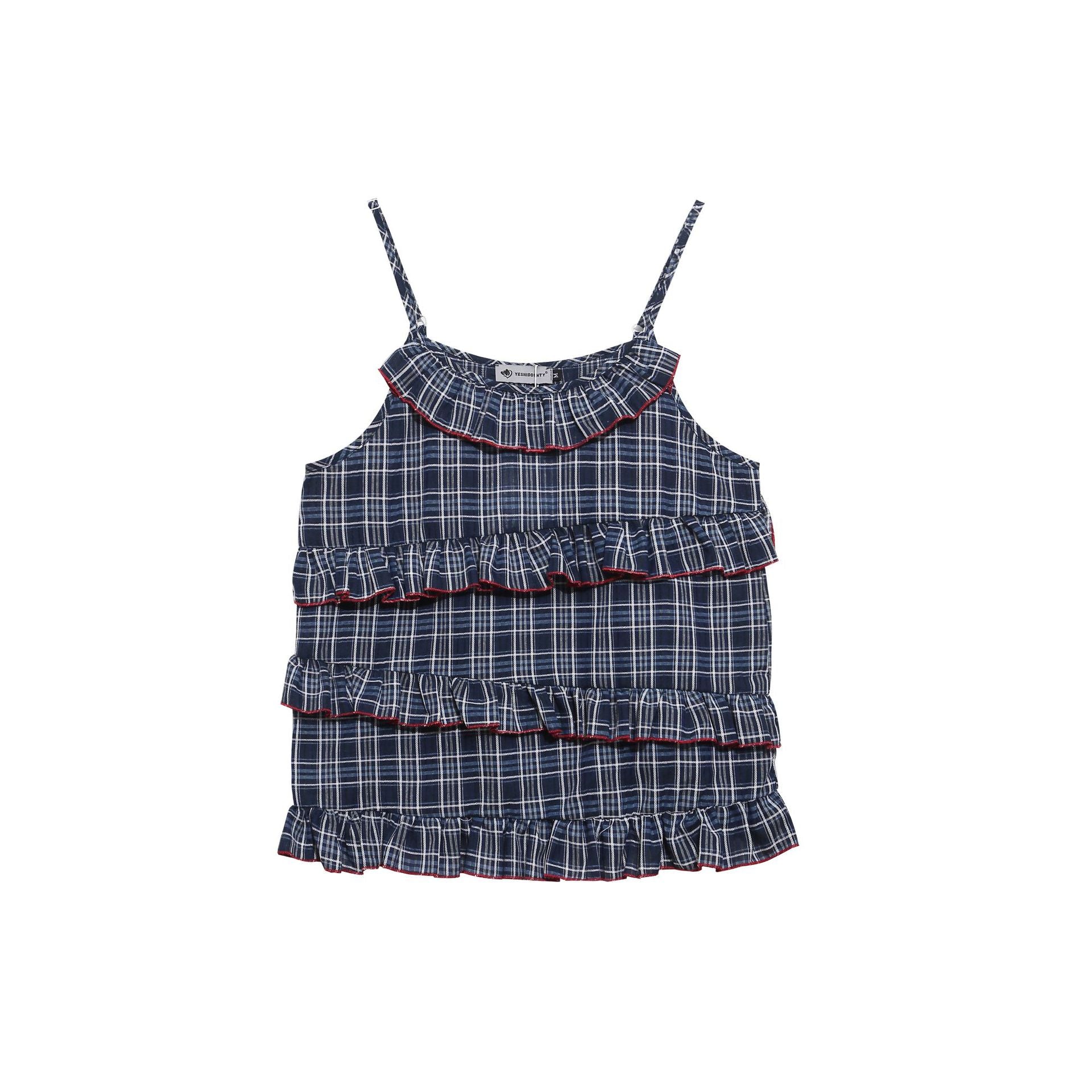 Youthful Navy Plaid Strapless Top with Multi-layer Ruffle Cake Layer, Loose Slimming Sweet Girl Vest