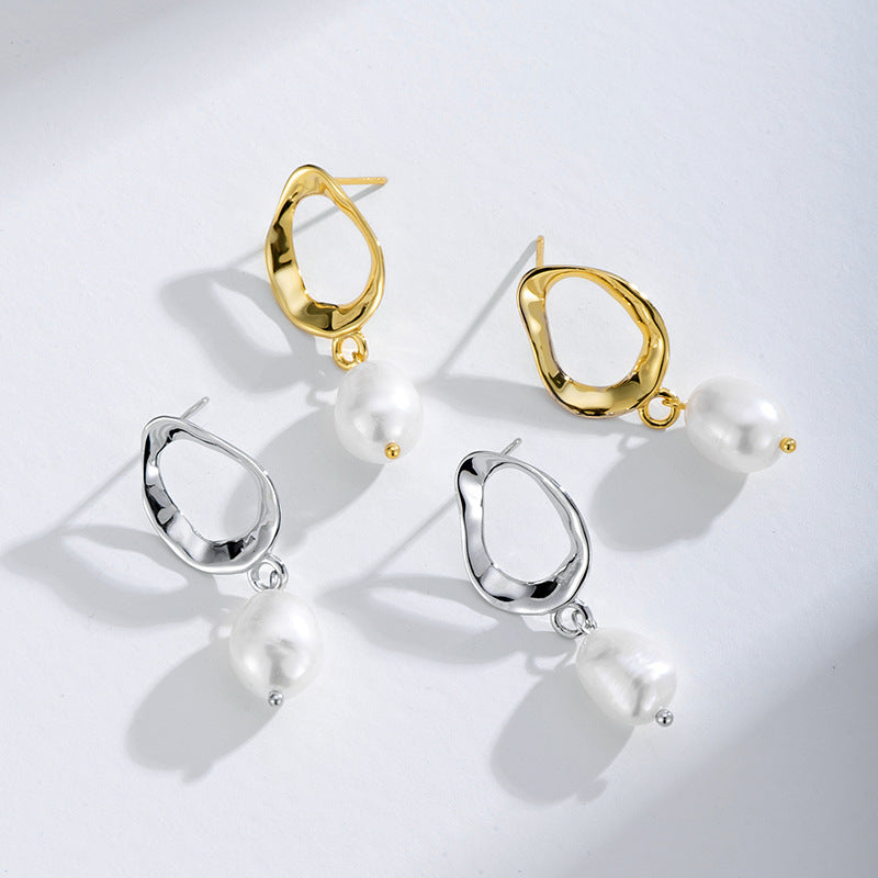 Pearl earrings for women with a cold and cool style irregular geometric retro silver earrings