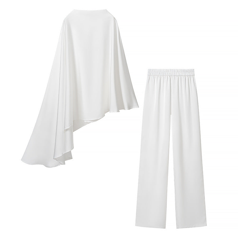 Asymmetric T-shirt top+loose wide leg pants two-piece set