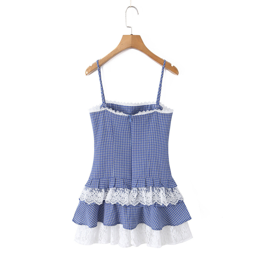 Plaid lace patchwork hem camisole dress