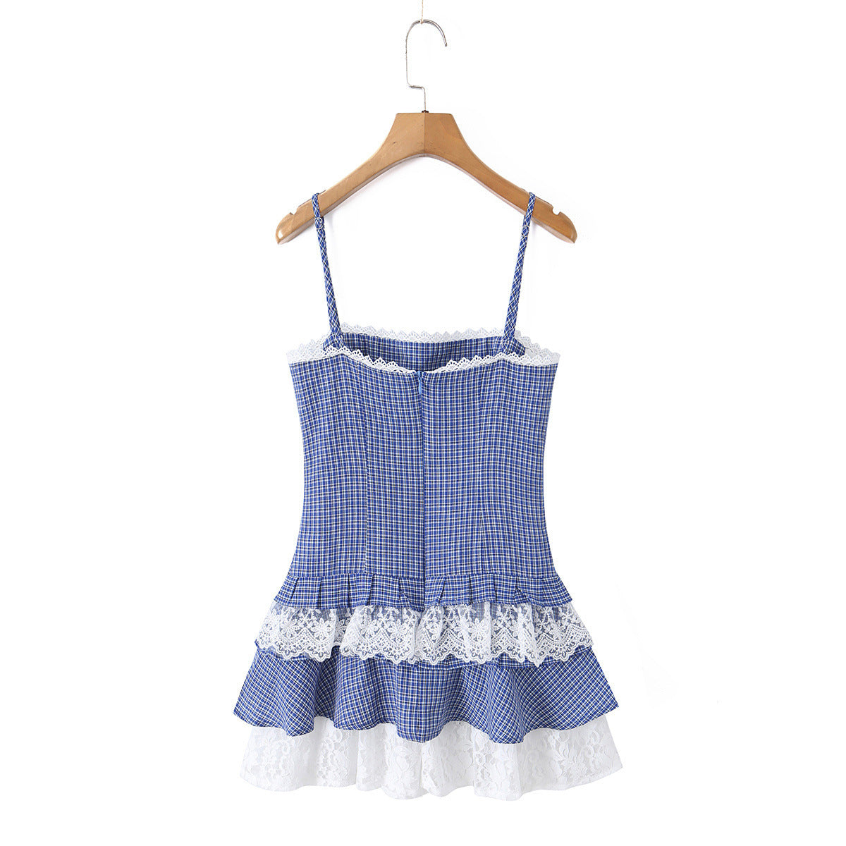 Plaid lace patchwork hem camisole dress