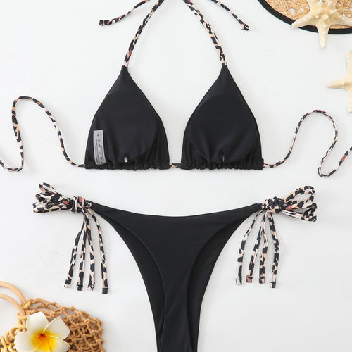 Black printed lace up bikini set