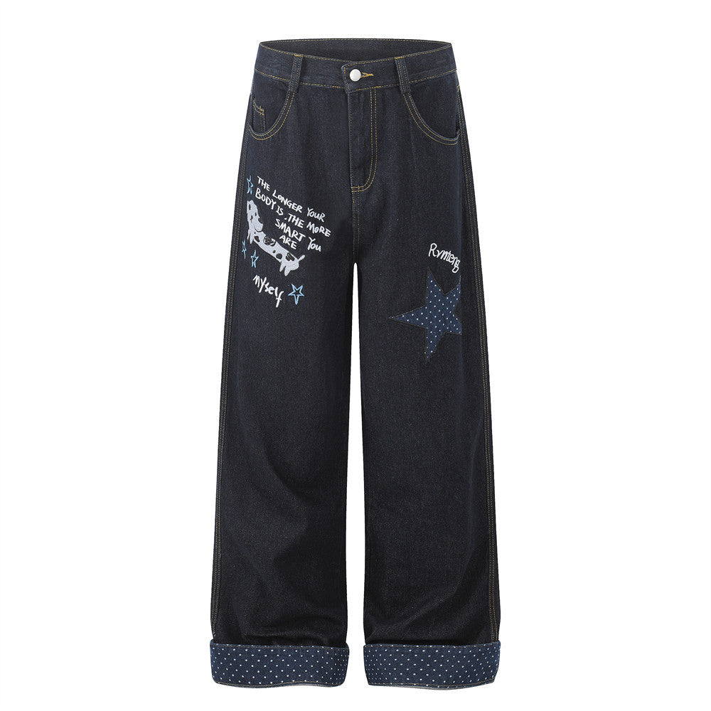 Cartoon embroidery used denim pants