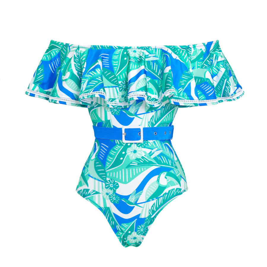 Print  Off-shoulder  Ruffle One-piece Swimwear