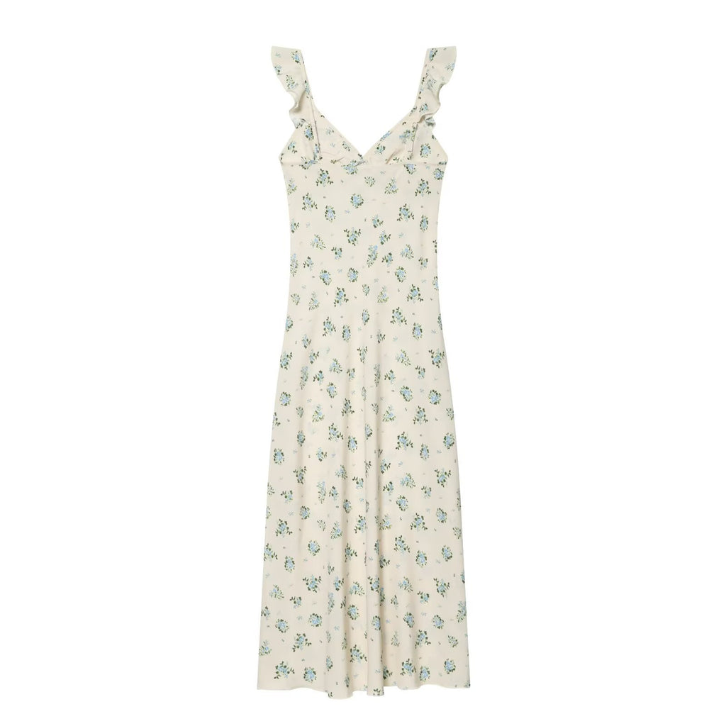 Holiday style floral ruffle edge sleeveless dress
