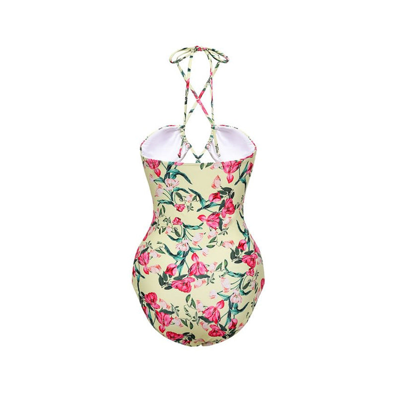 Floral Tie-Up Hollow Out One-Piece Swimsuit Set Dress for Women